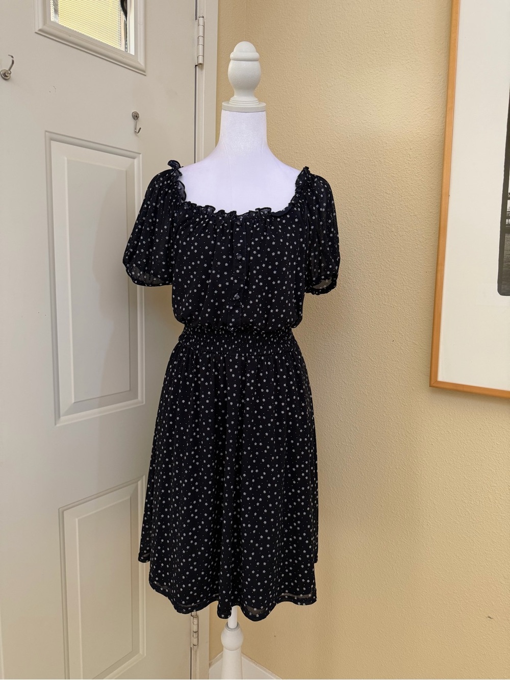 Sirenlily Navy Blue Puff Sleeves Floral Print Midi Dress Size Medium